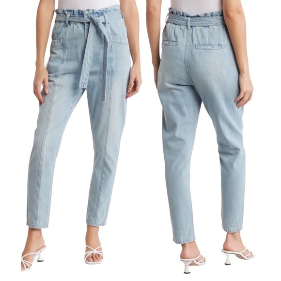 BlankNYC Seam Detail Paperbag Tapered Jeans Size 27 Light Wash Self Tie Belt - Picture 1 of 9